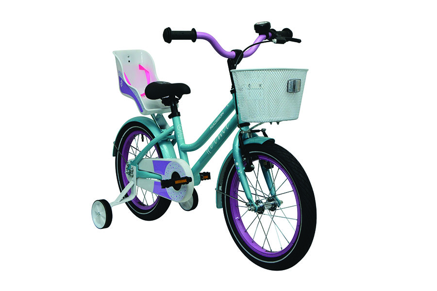 Madison Helmi 16 minttu lastenpyörä apupyörillä etuviistosta