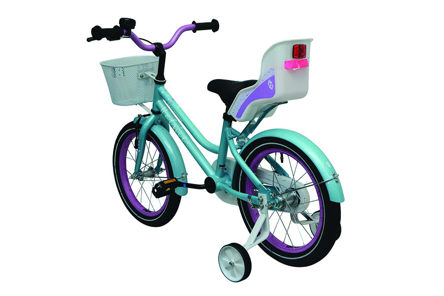 Madison Helmi 16 minttu lastenpyörä apupyörillä takaviistosta