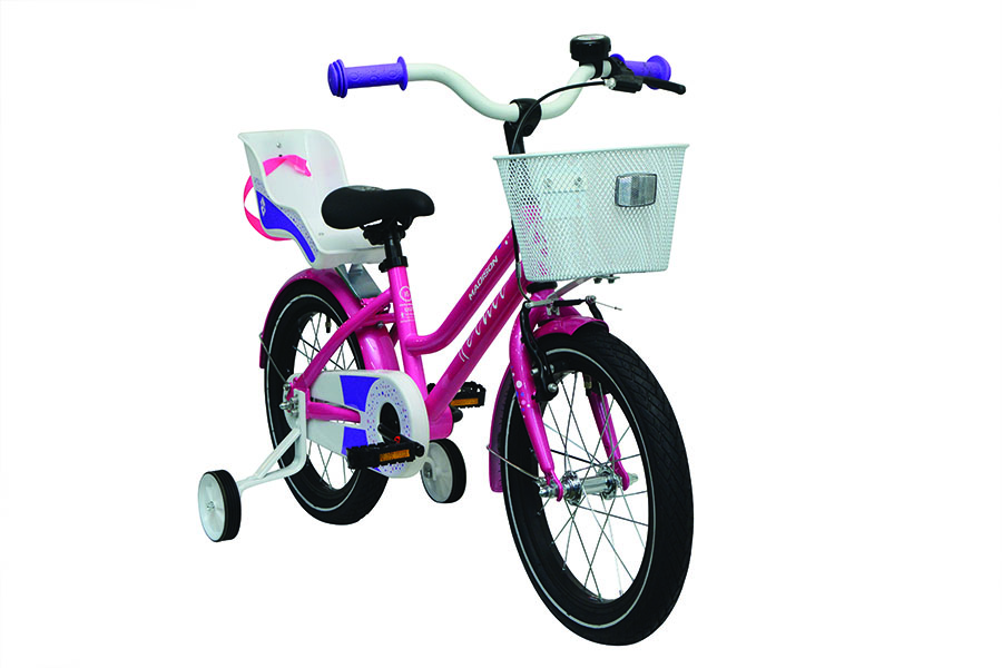 Madison Helmi 16 pinkki lastenpyörä apupyörillä etuviistosta