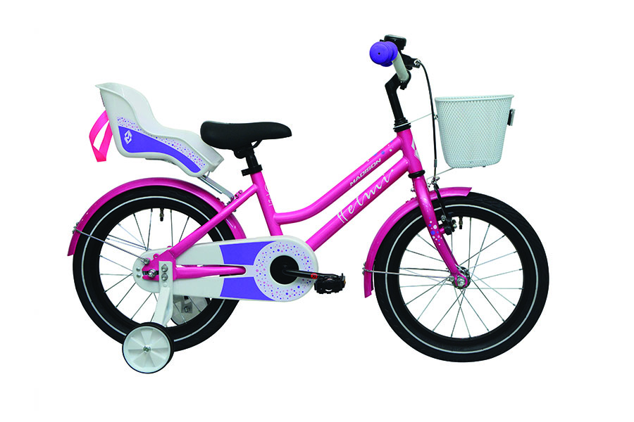 Madison Helmi 16 pinkki lastenpyörä apupyörillä sivulta