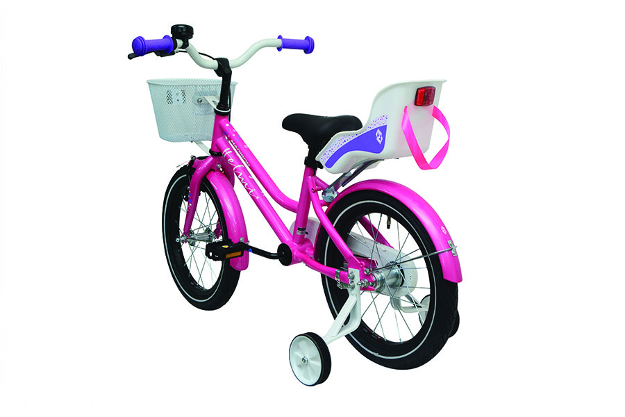 Madison Helmi 16 pinkki lastenpyörä apupyörillä takaviistosta