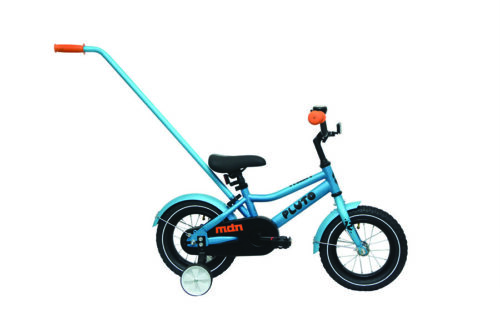 Madison Pluto 12 sininen lastenpyörä apupyörillä sivulta